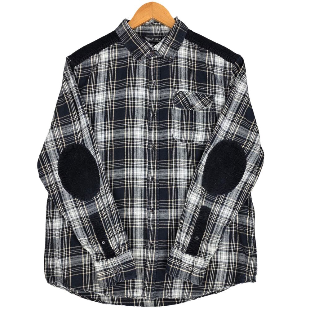 ODIN NEW YORK PLAID CORDUROY ELBOW & SHOULDER SHIRT – BLACK/WHITE/GRAY – SIZE L